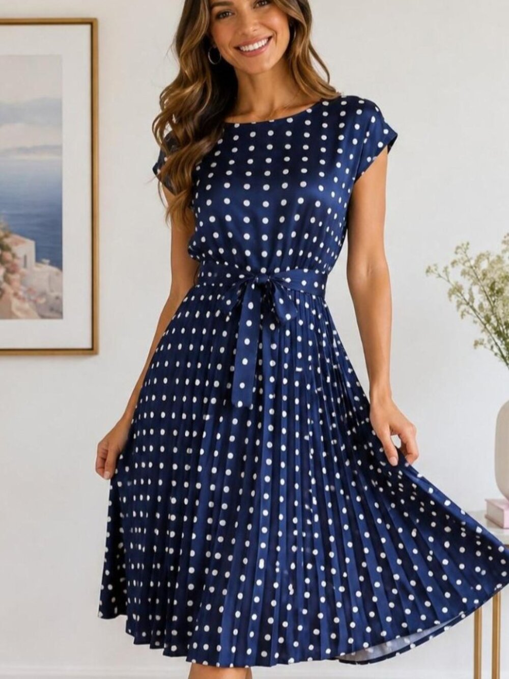 NEW Classic A-Line Dress Womens M Blue Polka Dot Pleated Tie Waist Cap Sleeve